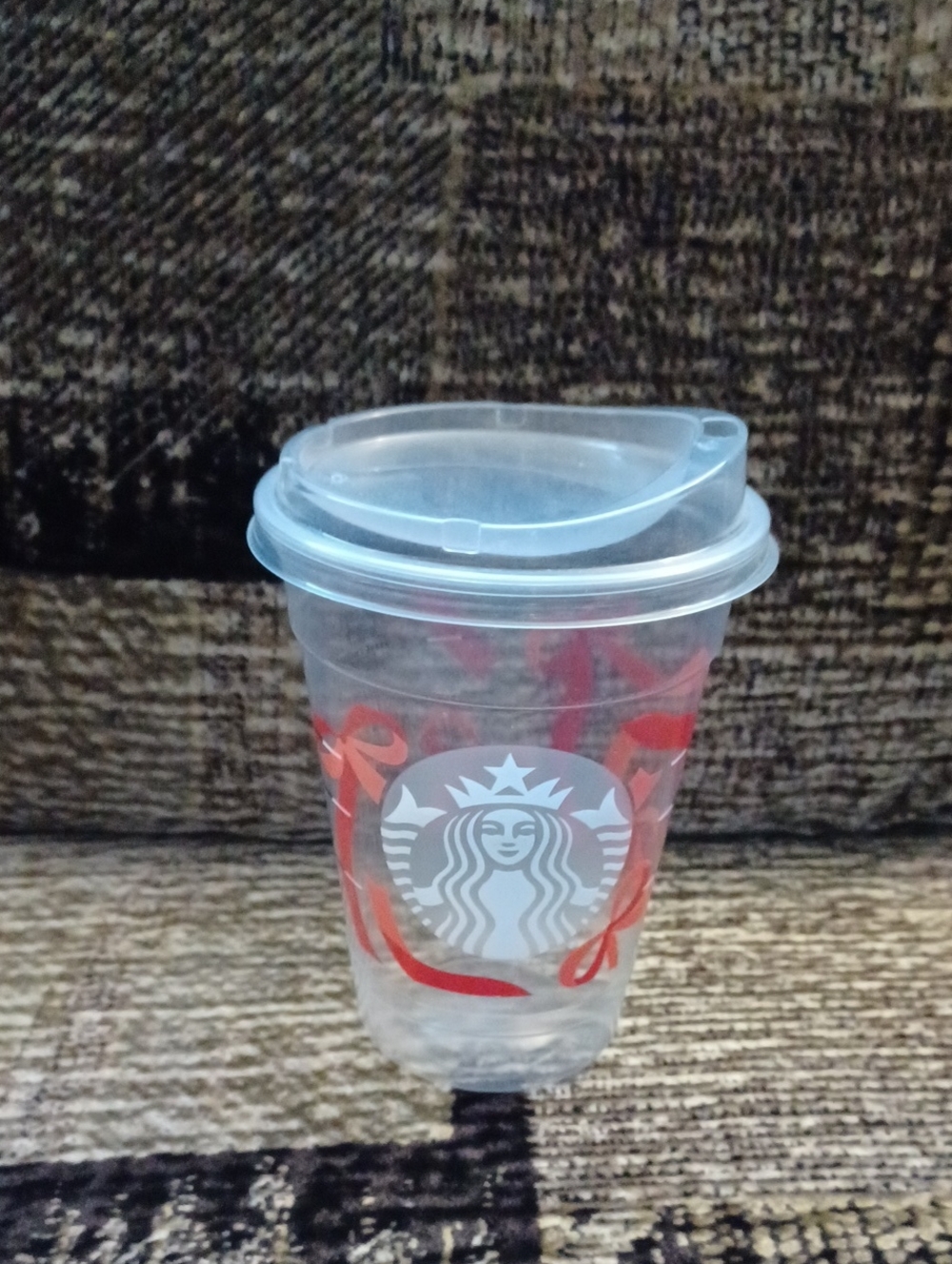 $4 Add-on Starbucks Clear Plastic Cold Cup with Red Ribbon Design and Clear Lid